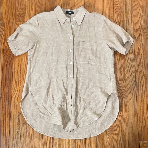 Theory Hekanina Front Tie Linen Weave Button Down Shirt top tan size Small - Picture 3 of 8